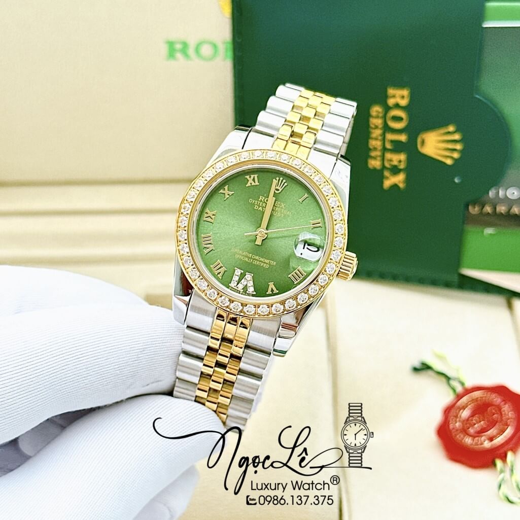 Đồng Hồ Rolex Datejust Tự Động Nữ Dây Kim Loại Demi Vàng Mặt Xanh Đính Đá 31mm