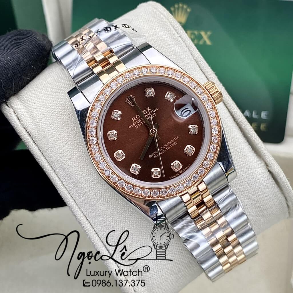 Đồng Hồ Rolex Datejust Tự Động Nữ Dây Kim Loại Demi Vàng Hồng Mặt Nâu Đính Đá 31mm