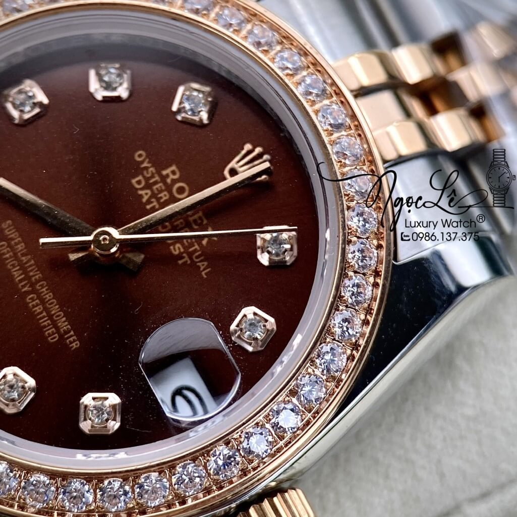 Đồng Hồ Rolex Datejust Tự Động Nữ Dây Kim Loại Demi Vàng Hồng Mặt Nâu Đính Đá 31mm