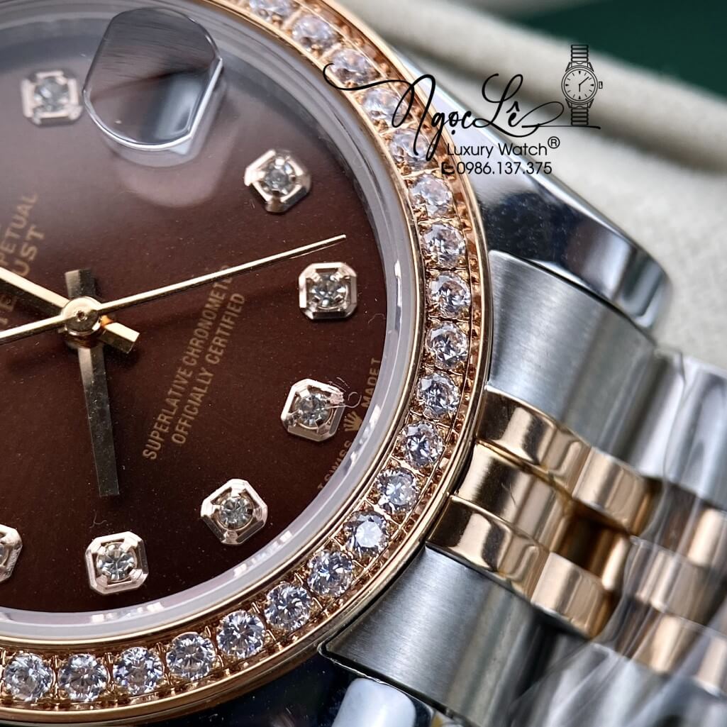 Đồng Hồ Rolex Datejust Tự Động Nữ Dây Kim Loại Demi Vàng Hồng Mặt Nâu Đính Đá 31mm