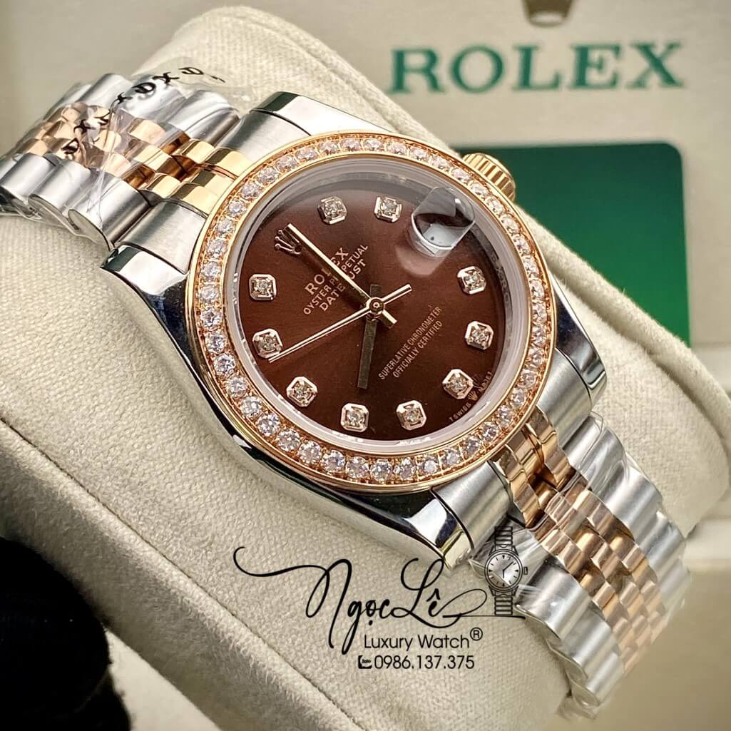 Đồng Hồ Rolex Datejust Tự Động Nữ Dây Kim Loại Demi Vàng Hồng Mặt Nâu Đính Đá 31mm