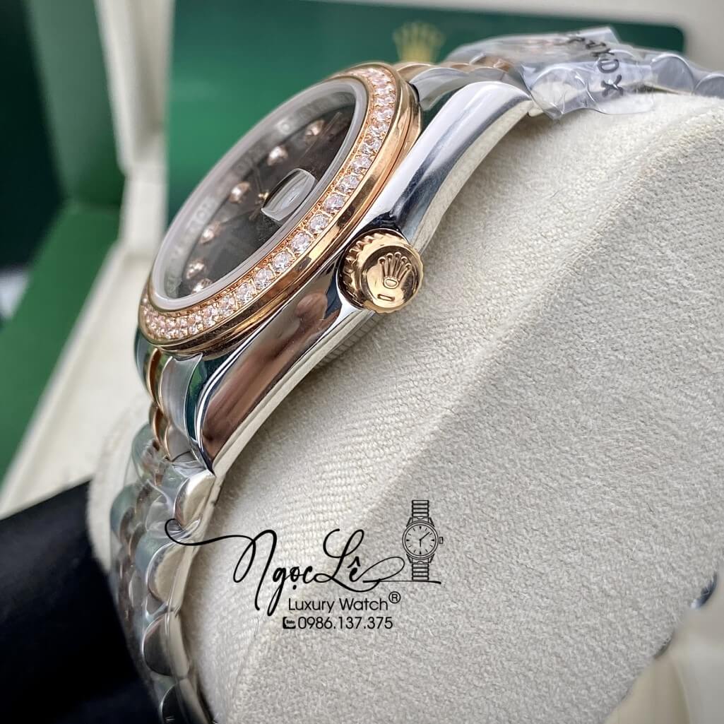 Đồng Hồ Rolex Datejust Tự Động Nữ Dây Kim Loại Demi Vàng Hồng Mặt Nâu Đính Đá 31mm