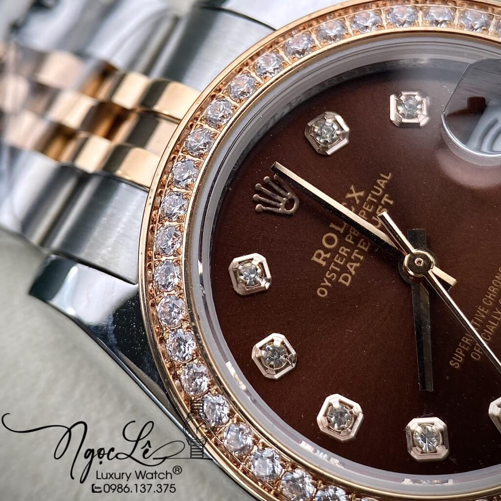 Đồng Hồ Rolex Datejust Tự Động Nữ Dây Kim Loại Demi Vàng Hồng Mặt Nâu Đính Đá 31mm
