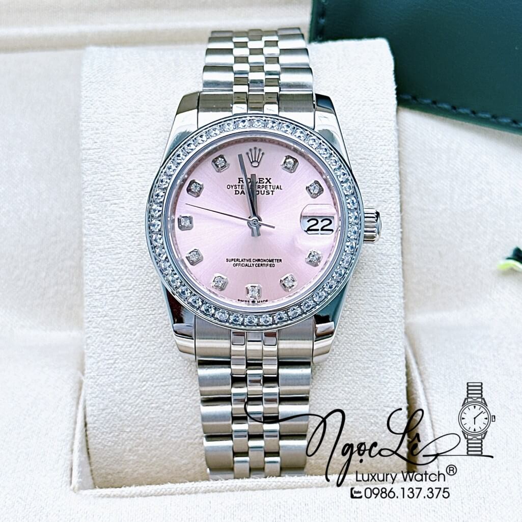 Đồng Hồ Rolex Datejust Tự Động Nữ Dây Kim Loại Bạc Mặt Hồng Đính Đá 31mm