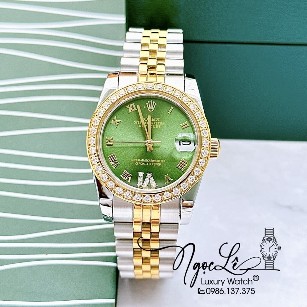 Đồng Hồ Rolex Datejust Tự Động Nữ Dây Kim Loại Demi Vàng Mặt Xanh Đính Đá 31mm