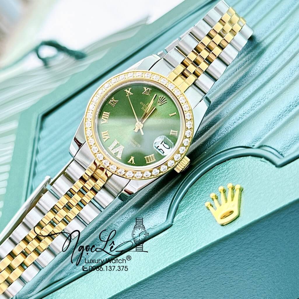 Đồng Hồ Rolex Datejust Tự Động Nữ Dây Kim Loại Demi Vàng Mặt Xanh Đính Đá 31mm