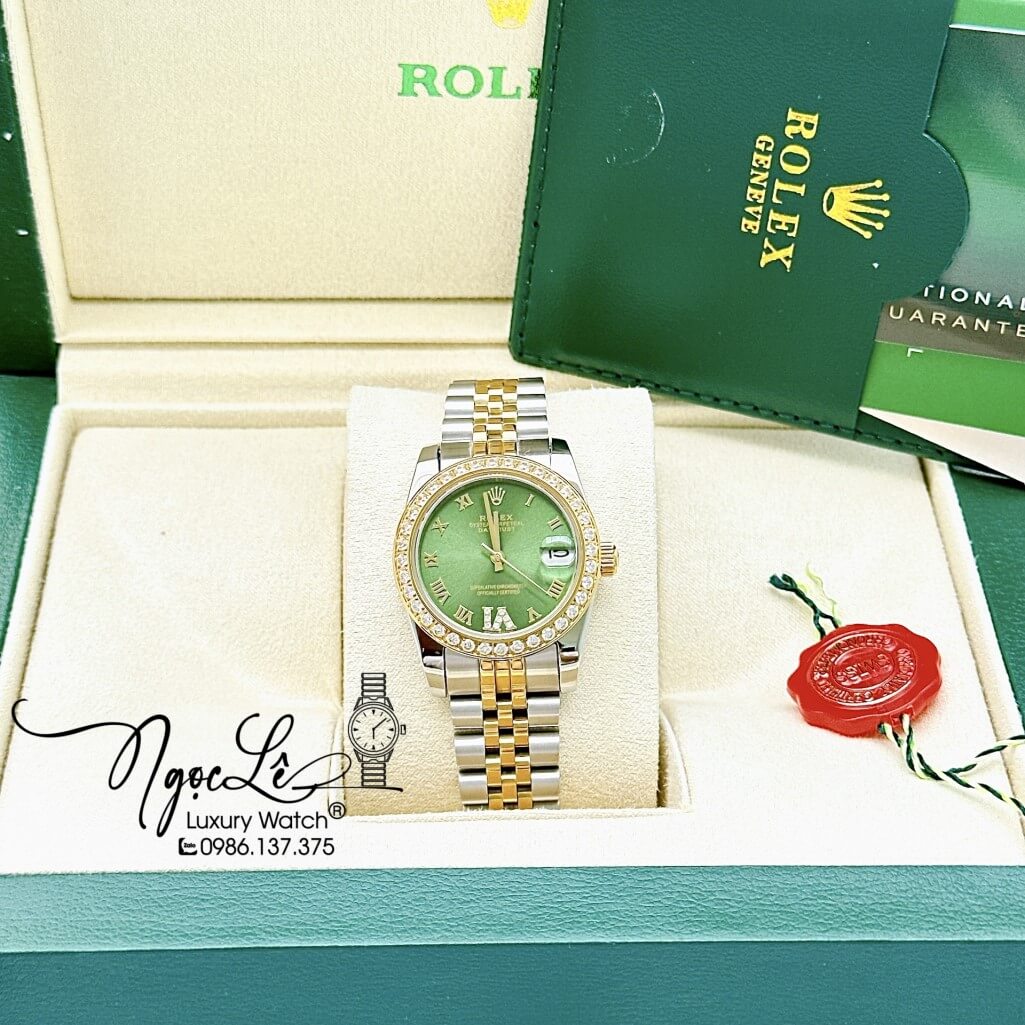 Đồng Hồ Rolex Datejust Tự Động Nữ Dây Kim Loại Demi Vàng Mặt Xanh Đính Đá 31mm