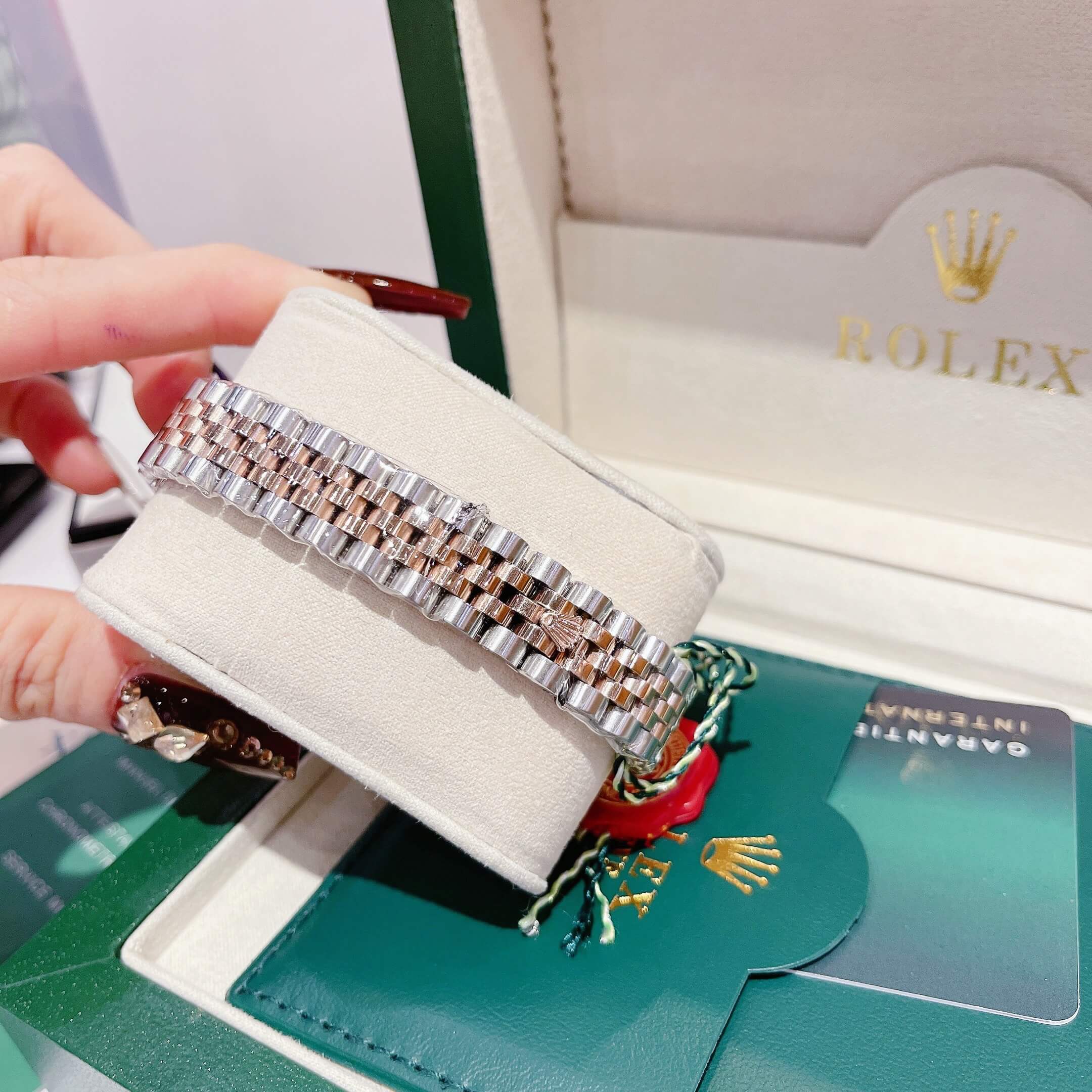 Đồng Hồ Rolex Datejust Tự Động Nữ Dây Kim Loại Demi Vàng Hồng Mặt Nâu Đính Đá 31mm