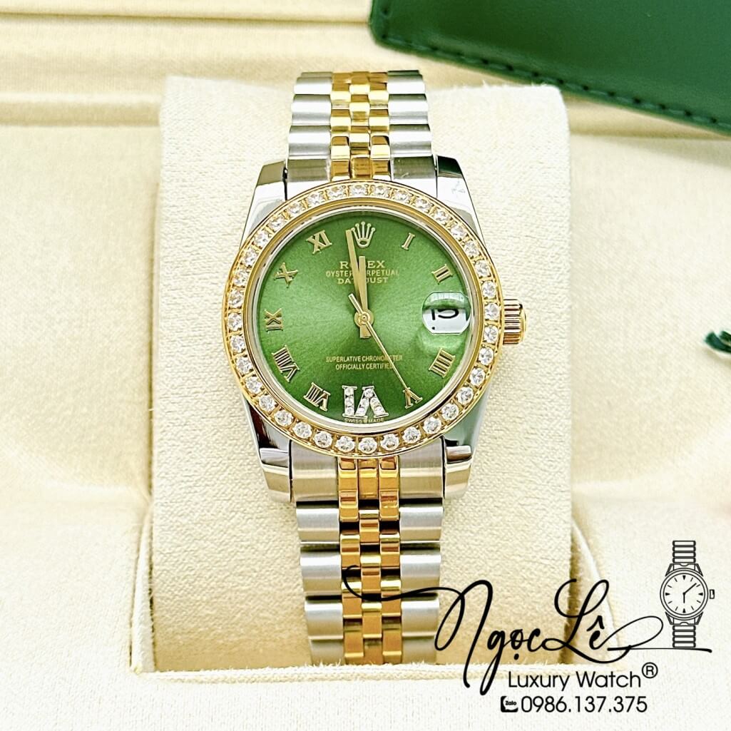 Đồng Hồ Rolex Datejust Tự Động Nữ Dây Kim Loại Demi Vàng Mặt Xanh Đính Đá 31mm