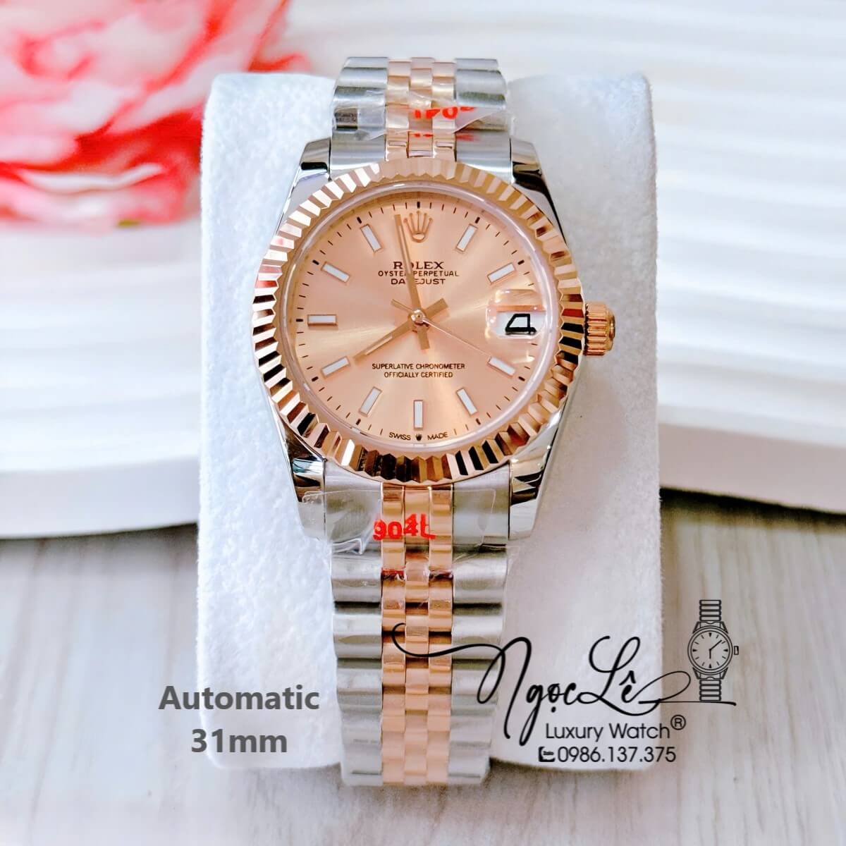 Đồng Hồ Nữ Rolex Datejust Tự Động Dây Demi Vàng Hồng Niềng Khía Size 31mm Phản Quang