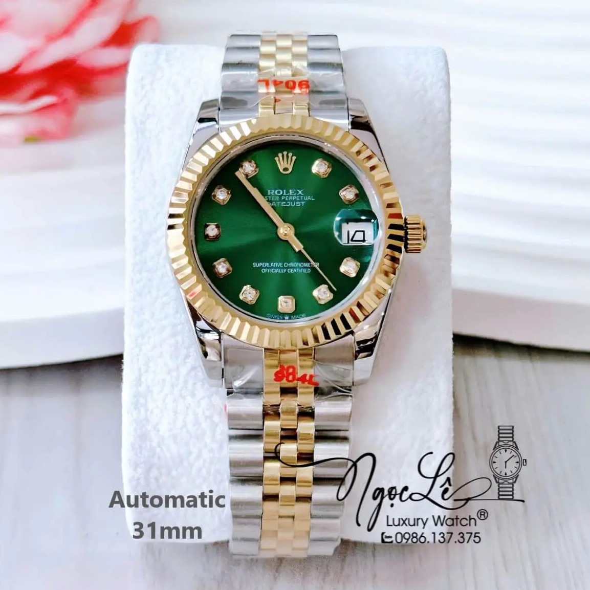 Đồng Hồ Nữ Rolex Datejust Tự Động Dây Demi Vàng Mặt Xanh Lá Niềng Khía Size 31mm