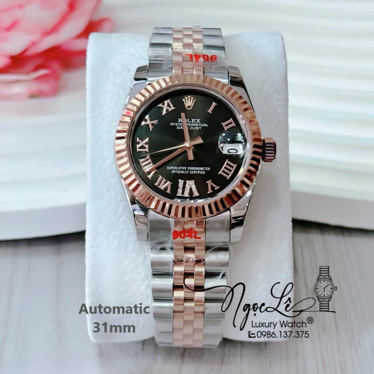 Đồng Hồ Nữ Rolex Datejust Tự Động Dây Demi Vàng Hồng Mặt Đen Xám Niềng Khía Size 31mm Số La Mã