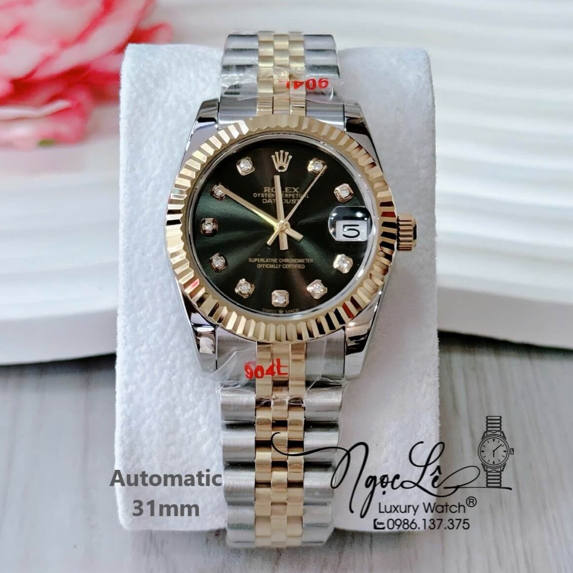 Đồng Hồ Nữ Rolex Datejust Tự Động Dây Demi Vàng Mặt Rêu Khói Niềng Khía Size 31mm