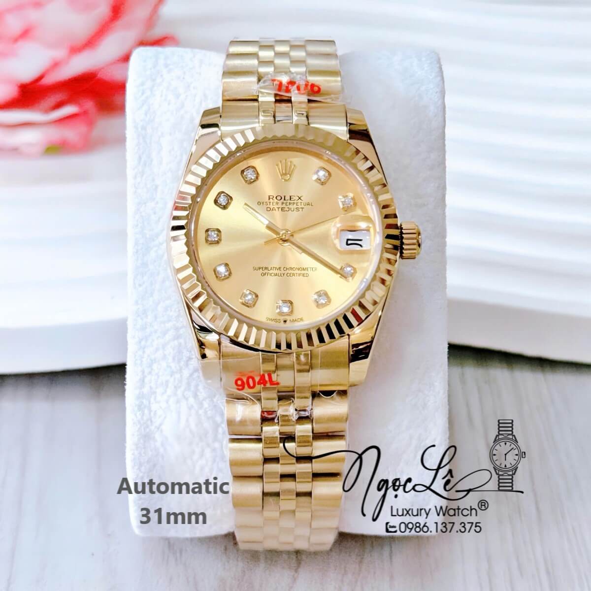 Đồng Hồ Nữ Rolex Datejust Tự Động Dây Vàng Mặt Vàng Niềng Khía Size 31mm