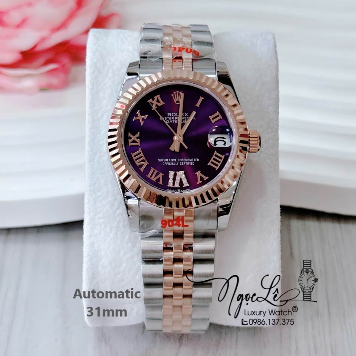 Đồng Hồ Nữ Rolex Datejust Tự Động Dây Demi Vàng Hồng Mặt Tím Niềng Khía Size 31mm Số La Mã