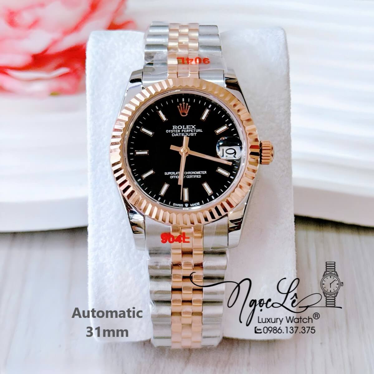 Đồng Hồ Nữ Rolex Datejust Tự Động Dây Demi Vàng Hồng Mặt Đen Niềng Khía Size 31mm Phản Quang