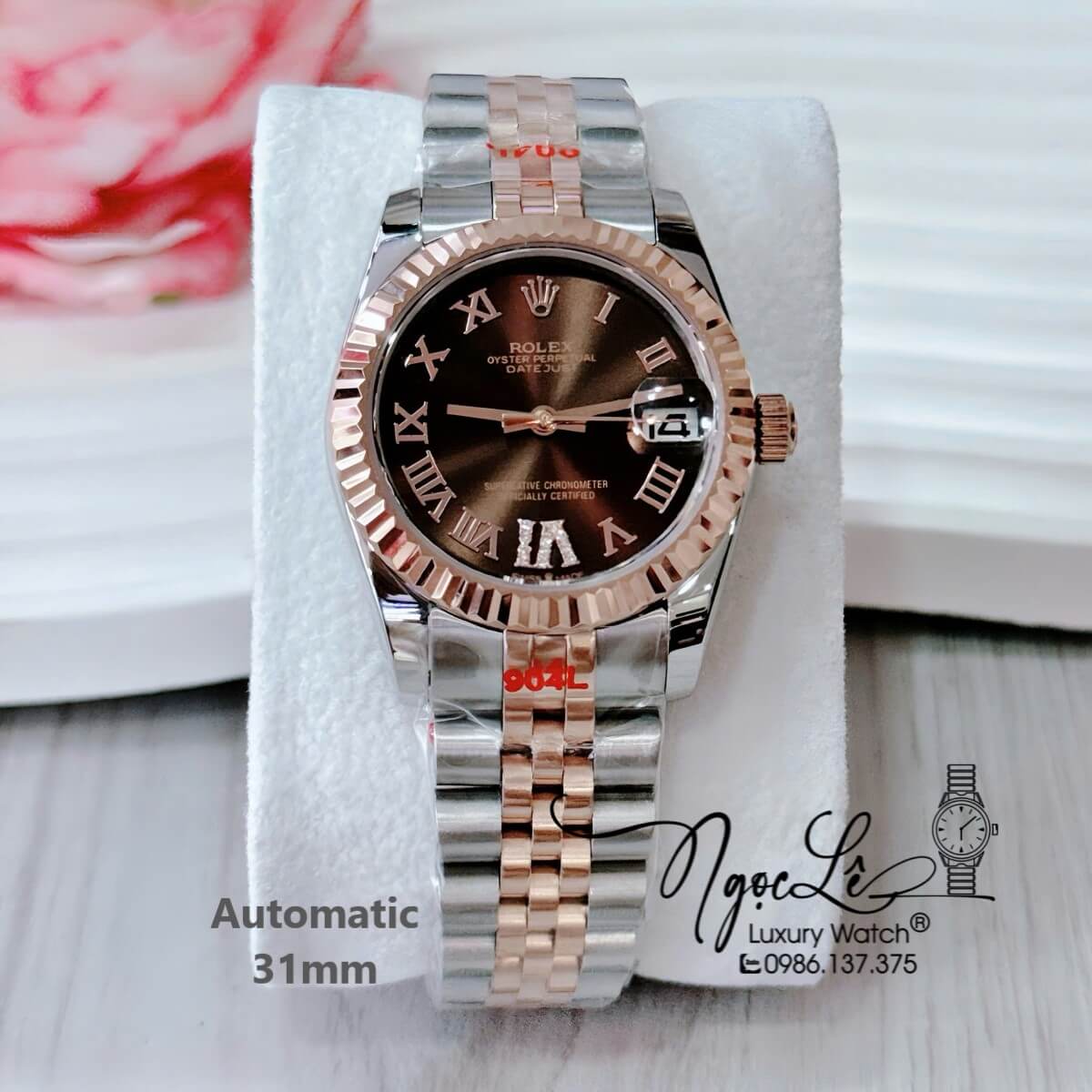 Đồng Hồ Nữ Rolex Datejust Tự Động Dây Demi Vàng Hồng Mặt Nâu Niềng Khía Size 31mm Số La Mã