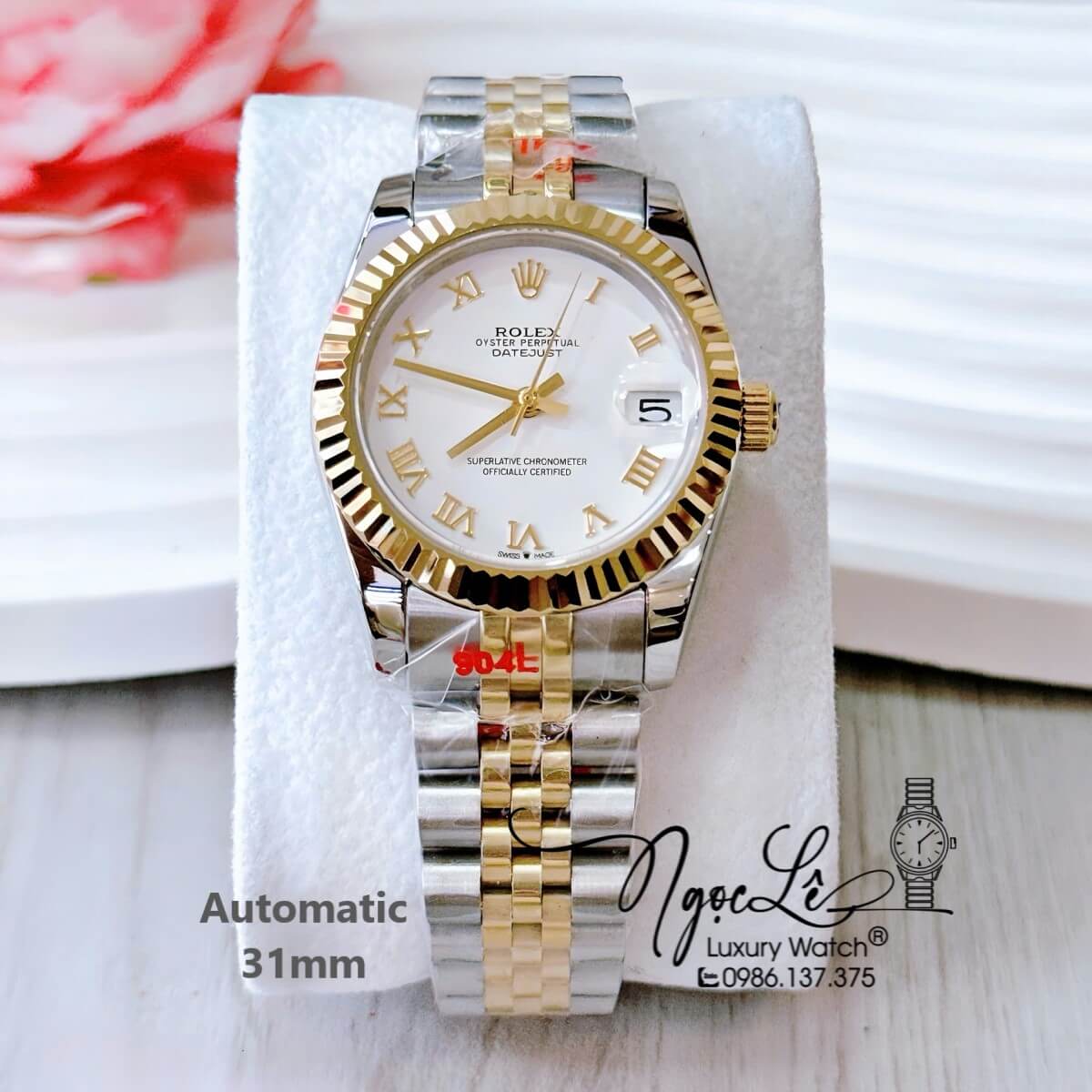 Đồng Hồ Nữ Rolex Datejust Tự Động Dây Demi Vàng Mặt Trắng Niềng Khía Size 31mm Số La Mã
