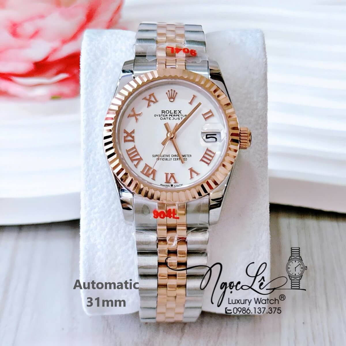 Đồng Hồ Nữ Rolex Datejust Tự Động Dây Demi Vàng Hồng Mặt Trắng Niềng Khía Size 31mm Số La Mã