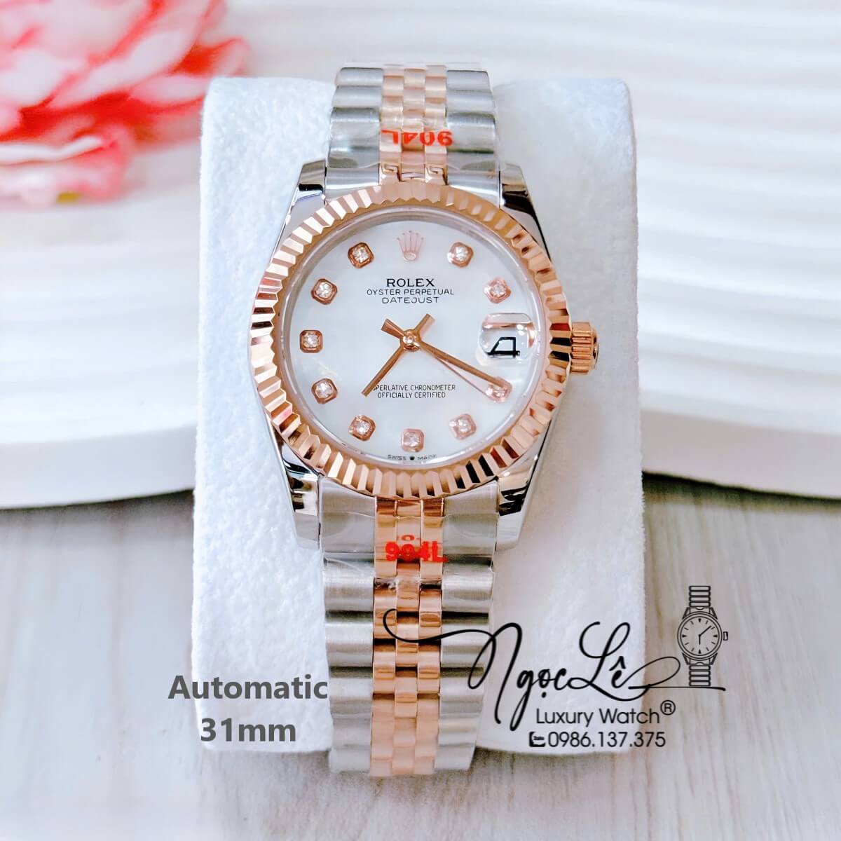 Đồng Hồ Nữ Rolex Datejust Tự Động Dây Demi Vàng Hồng Mặt Trắng Xà Cừ Niềng Khía Size 31mm