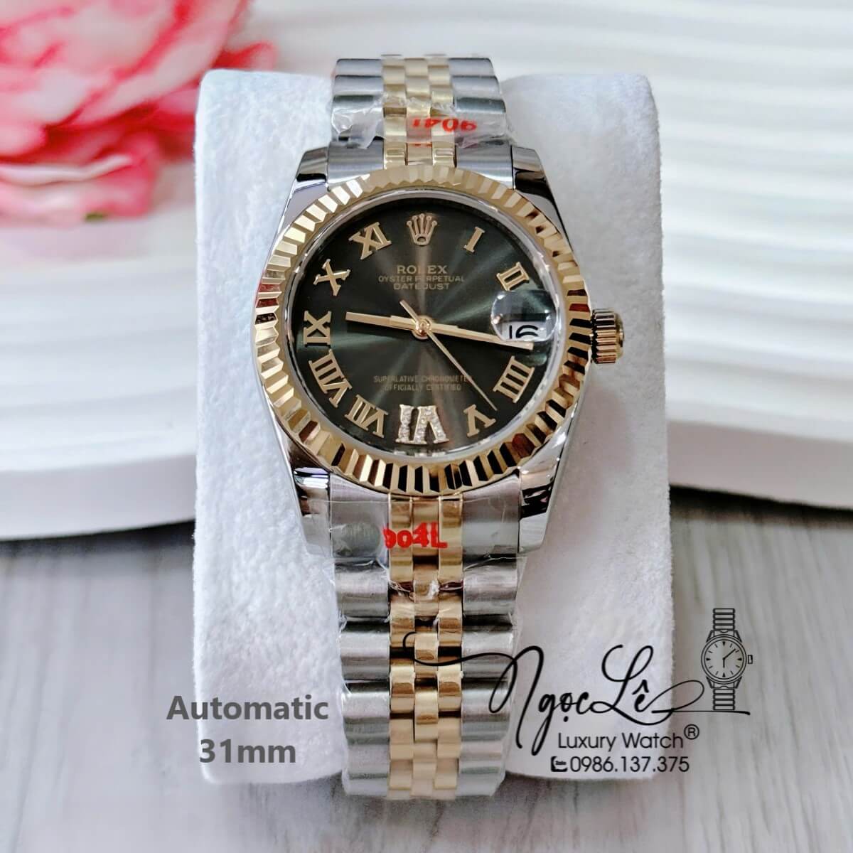 Đồng Hồ Nữ Rolex Datejust Tự Động Dây Demi Vàng Mặt Rêu Khói Niềng Khía Size 31mm Số La Mã