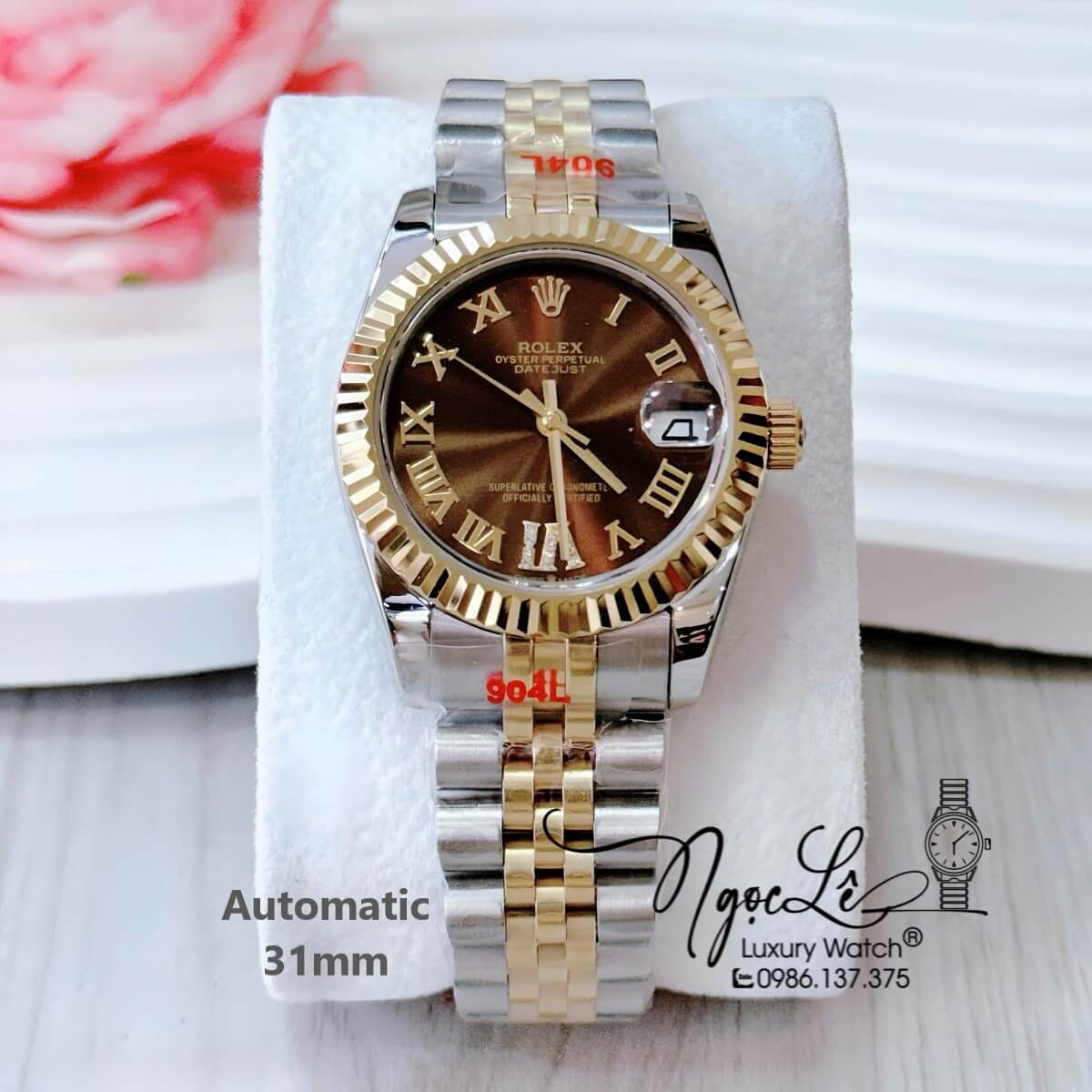 Đồng Hồ Nữ Rolex Datejust Tự Động Dây Demi Vàng Mặt Nâu Niềng Khía Size 31mm Số La Mã