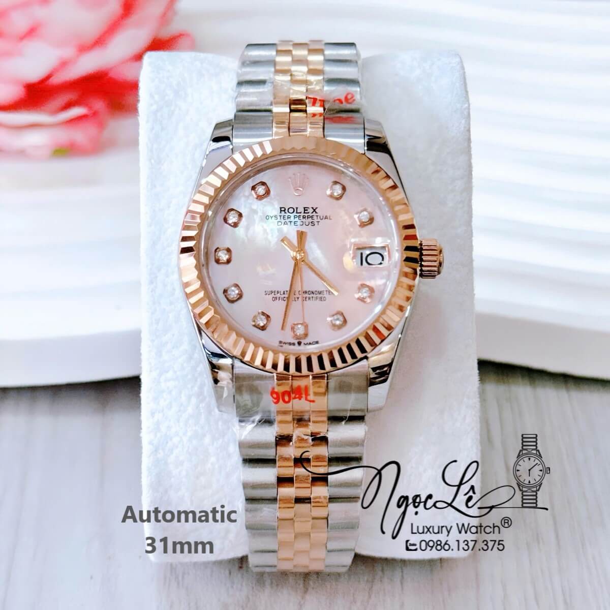 Đồng Hồ Nữ Rolex Datejust Tự Động Dây Demi Vàng Hồng Mặt Xà Cừ Rose Niềng Khía Size 31mm