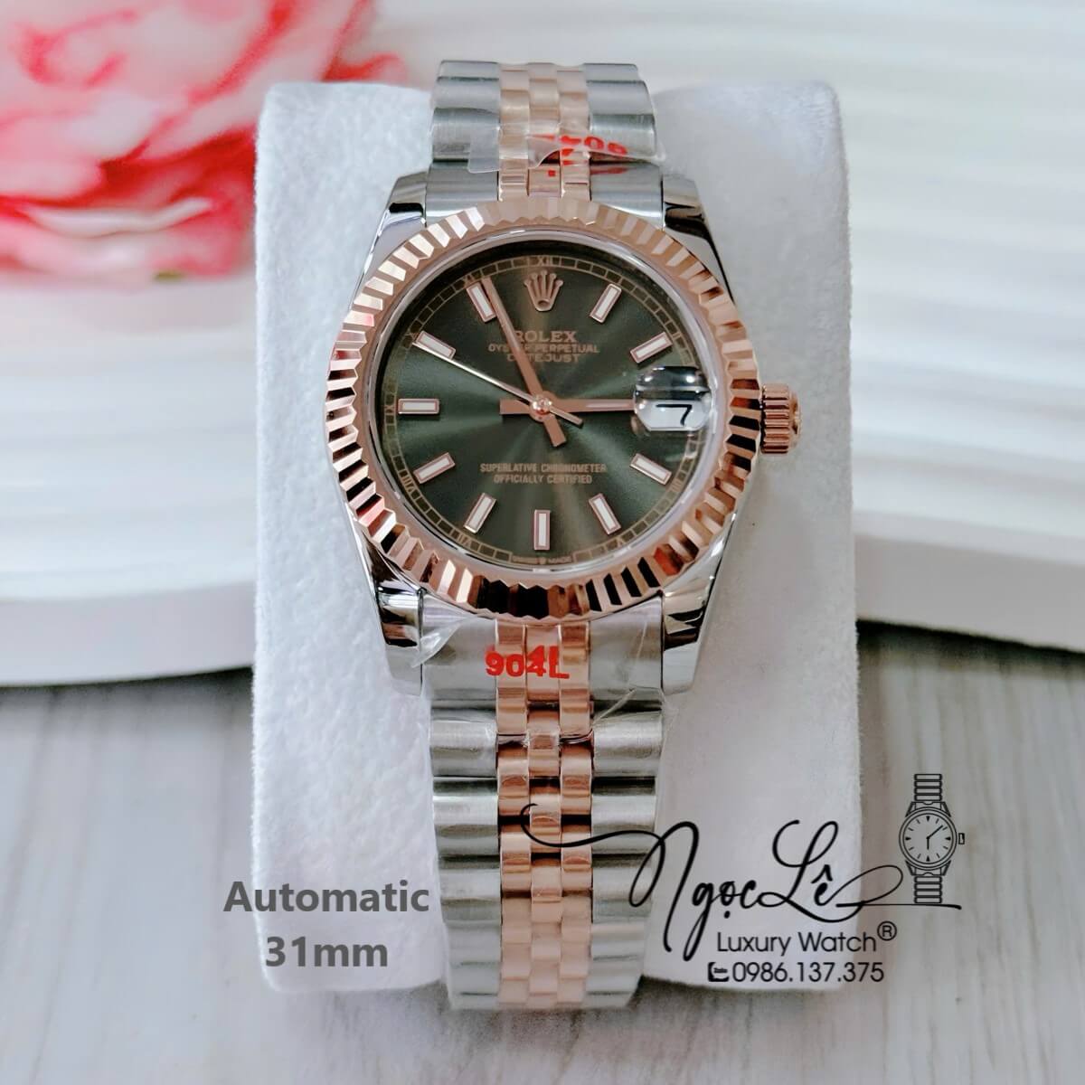 Đồng Hồ Nữ Rolex Datejust Tự Động Dây Demi Vàng Hồng Mặt Rêu Khói Niềng Khía Size 31mm Phản Quang