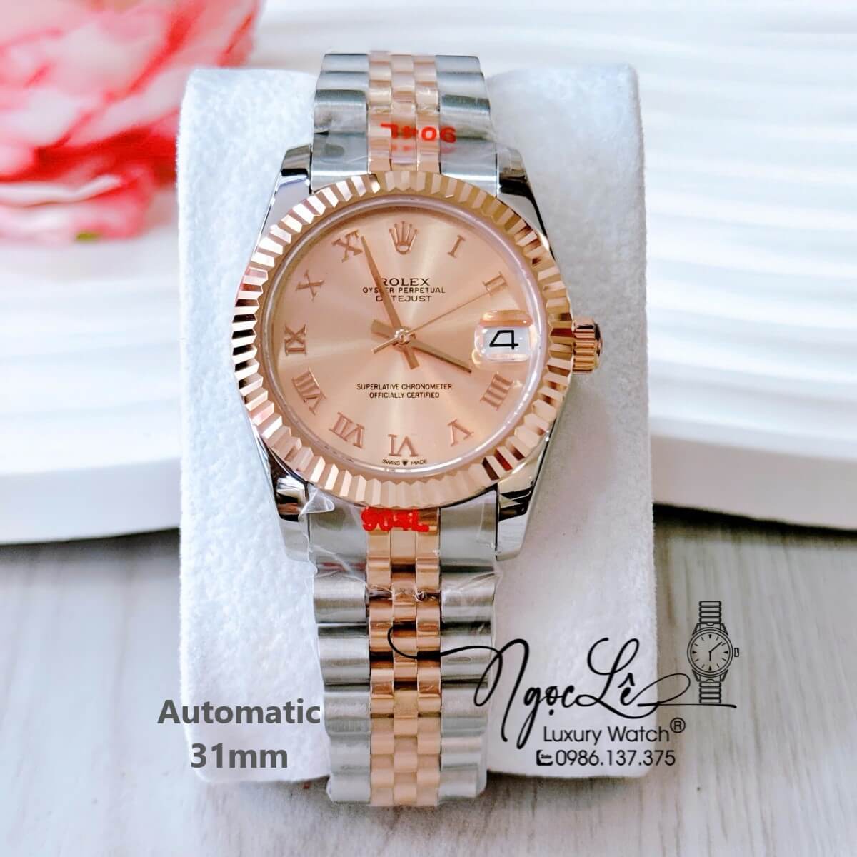 Đồng Hồ Nữ Rolex Datejust Tự Động Dây Demi Vàng Hồng Niềng Khía Size 31mm Số La Mã