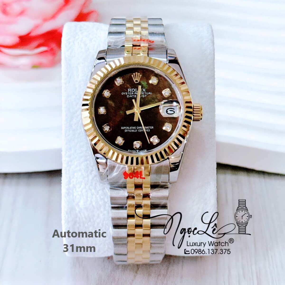 Đồng Hồ Nữ Rolex Datejust Tự Động Dây Demi Vàng Mặt Xà Cừ Nâu Niềng Khía Size 31mm