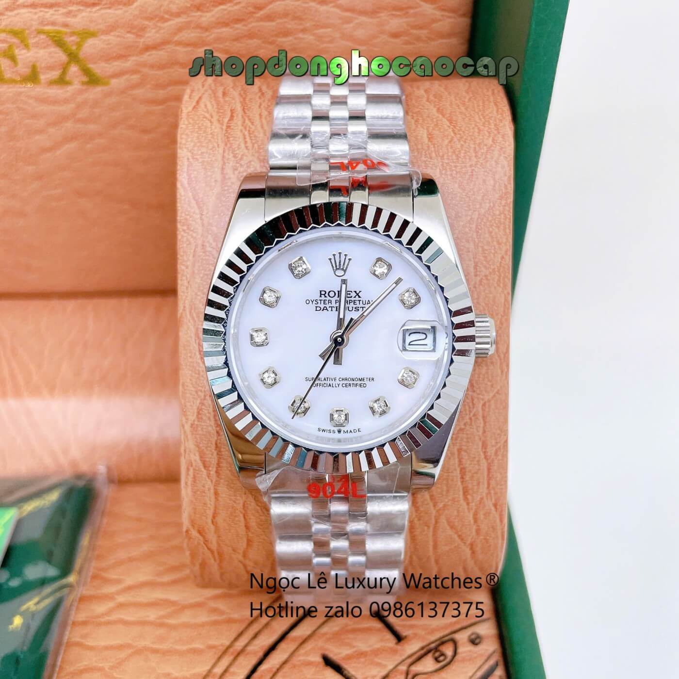 Đồng Hồ Cặp Rolex Datejust Dây Thép Bạc Mặt Xà Cừ Size 31mm - 41mm Quartz Niềng Khía