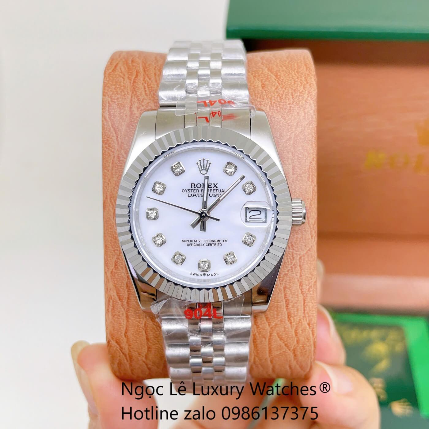 Đồng Hồ Rolex Datejust Nữ Dây Thép Bạc Mặt Trắng Size 31mm Quartz - Niềng Khía Mặt Xà Cừ