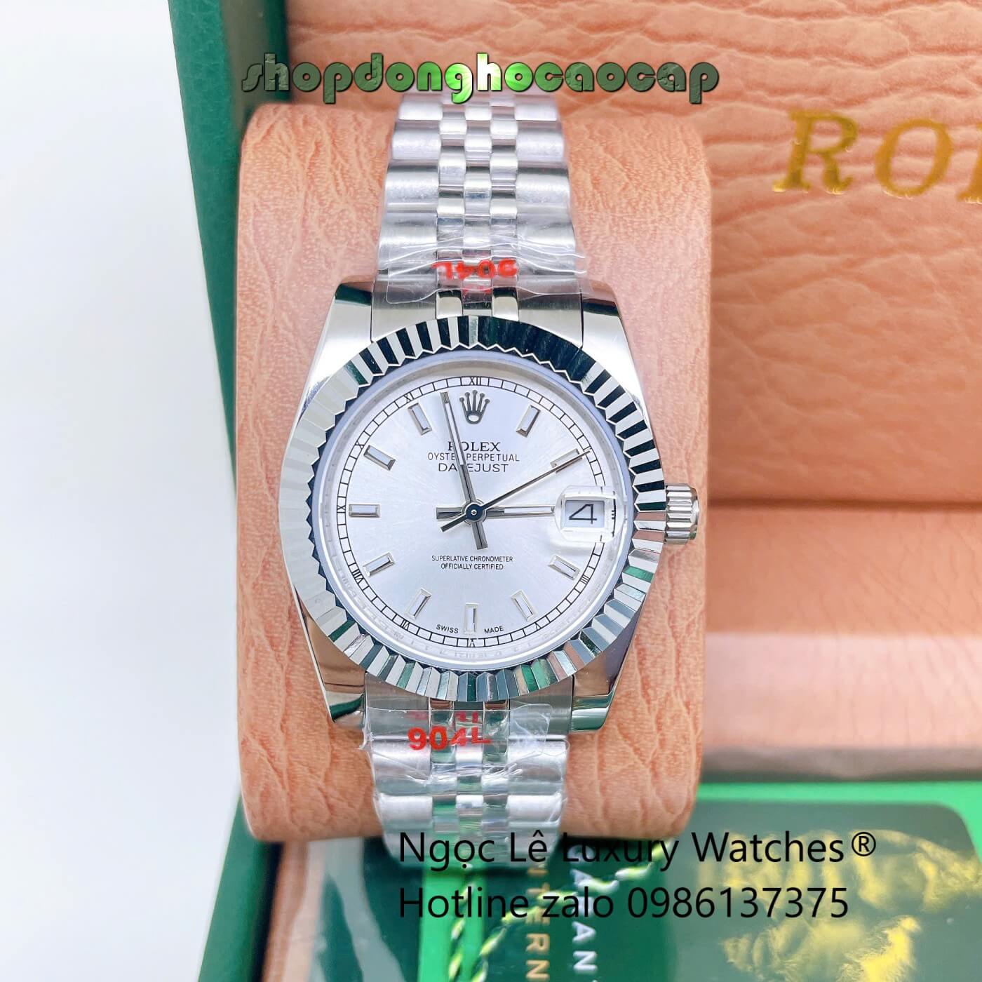 Đồng Hồ Rolex Datejust Nữ Dây Thép Bạc Mặt Trắng Size 31mm Quartz - Niềng Khía Vạch Phản Quang