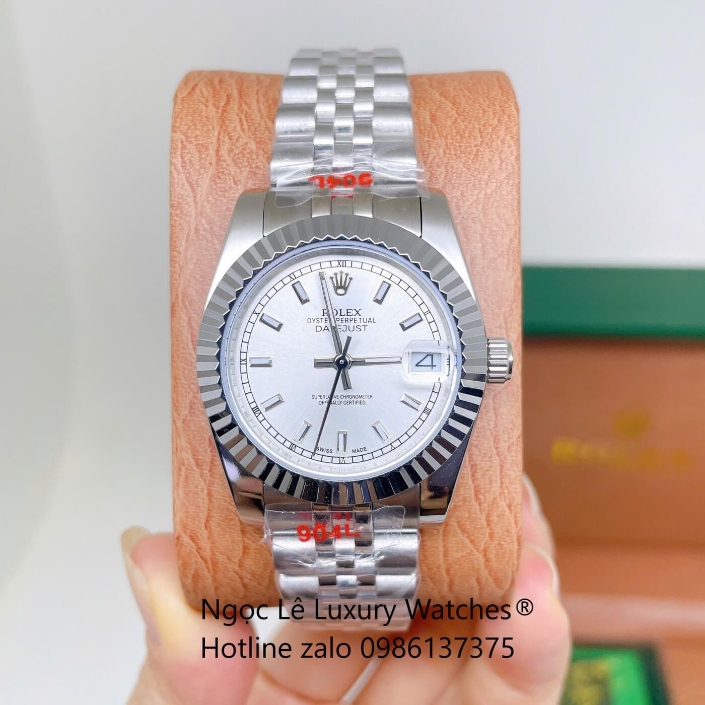 Đồng Hồ Rolex Datejust Nữ Dây Thép Bạc Mặt Trắng Size 31mm Quartz - Niềng Khía Vạch Phản Quang