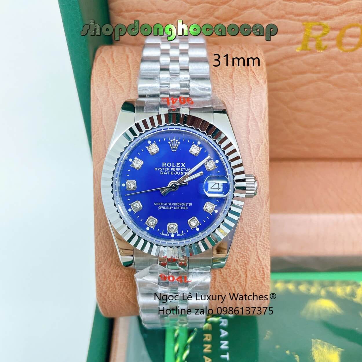 Đồng Hồ Rolex Datejust Nữ Dây Thép Bạc Mặt Xanh Dương Size 31mm Quartz - Niềng Khía