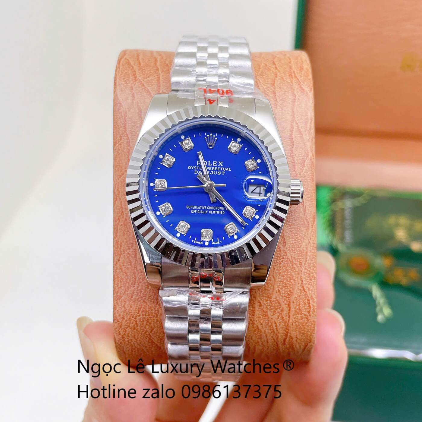Đồng Hồ Rolex Datejust Nữ Dây Thép Bạc Mặt Xanh Dương Size 31mm Quartz - Niềng Khía