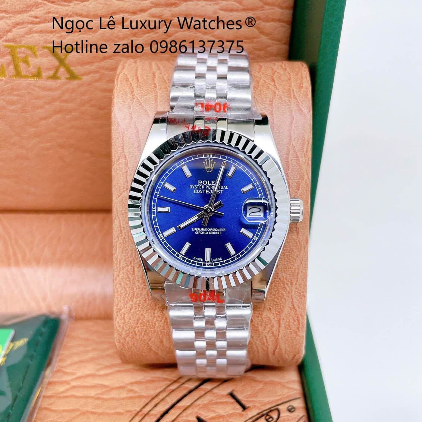 Đồng Hồ Cặp Rolex Datejust Dây Thép Bạc Mặt Xanh Dương Size 31mm - 41mm Quartz Niềng Khía Vạch Phản Quang