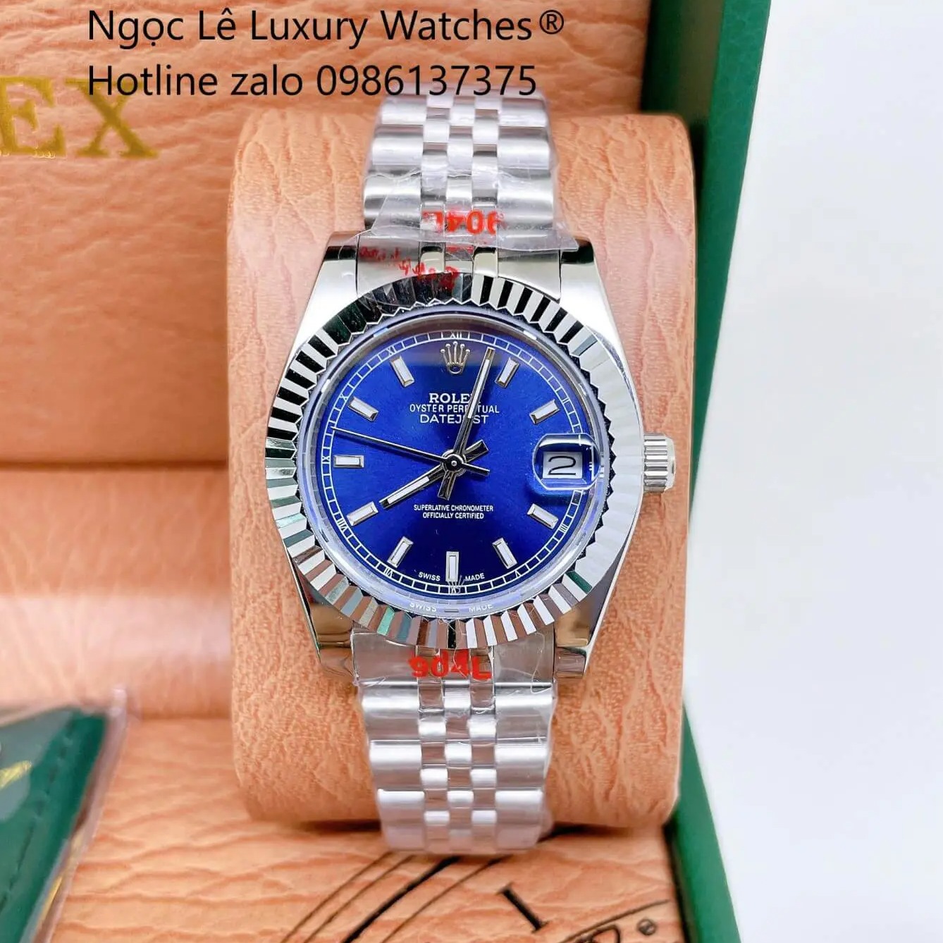 Đồng Hồ Rolex Datejust Nữ Dây Thép Bạc Mặt Xanh Dương Size 31mm Quartz - Niềng Khía Vạch Phản Quang