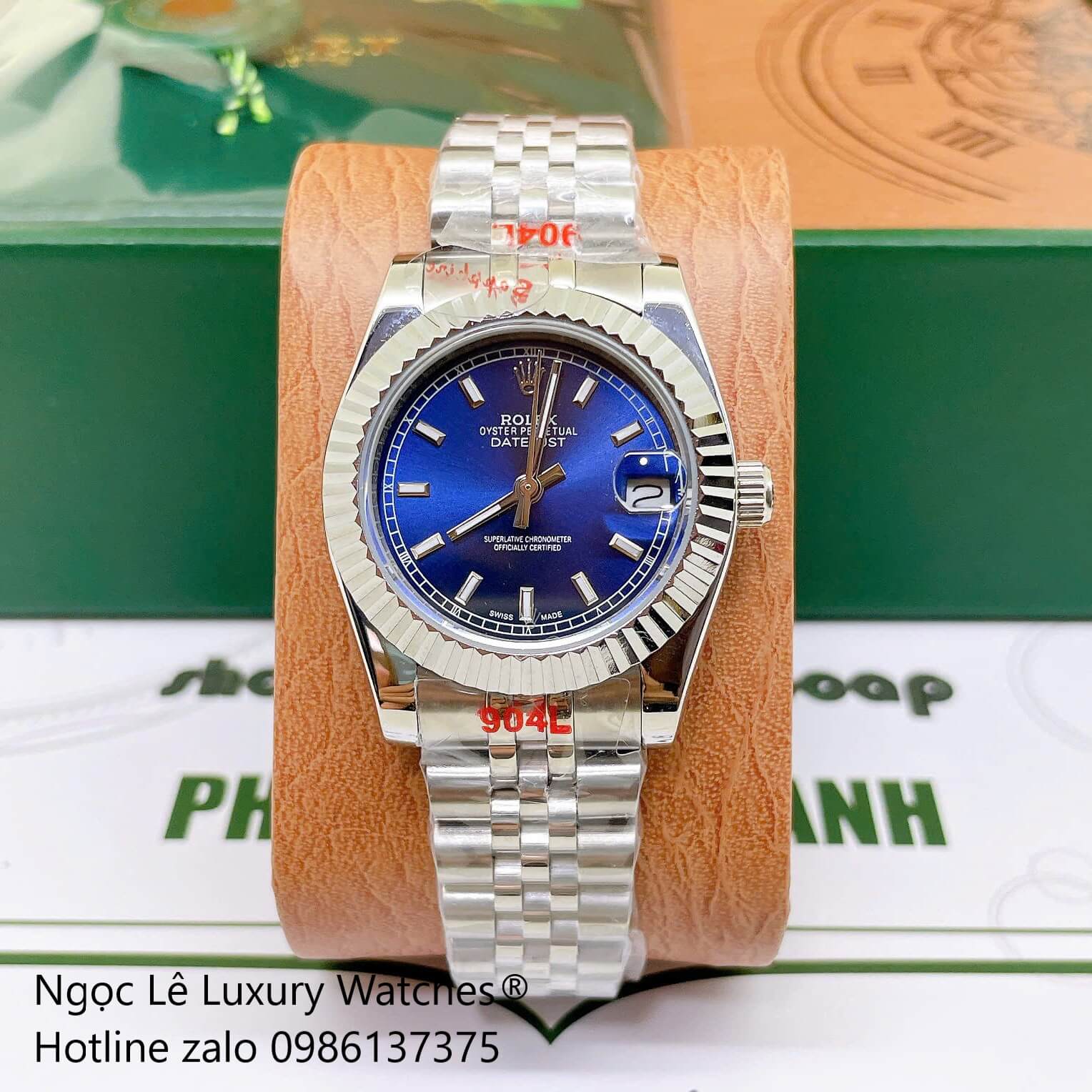 Đồng Hồ Rolex Datejust Nữ Dây Thép Bạc Mặt Xanh Dương Size 31mm Quartz - Niềng Khía Vạch Phản Quang