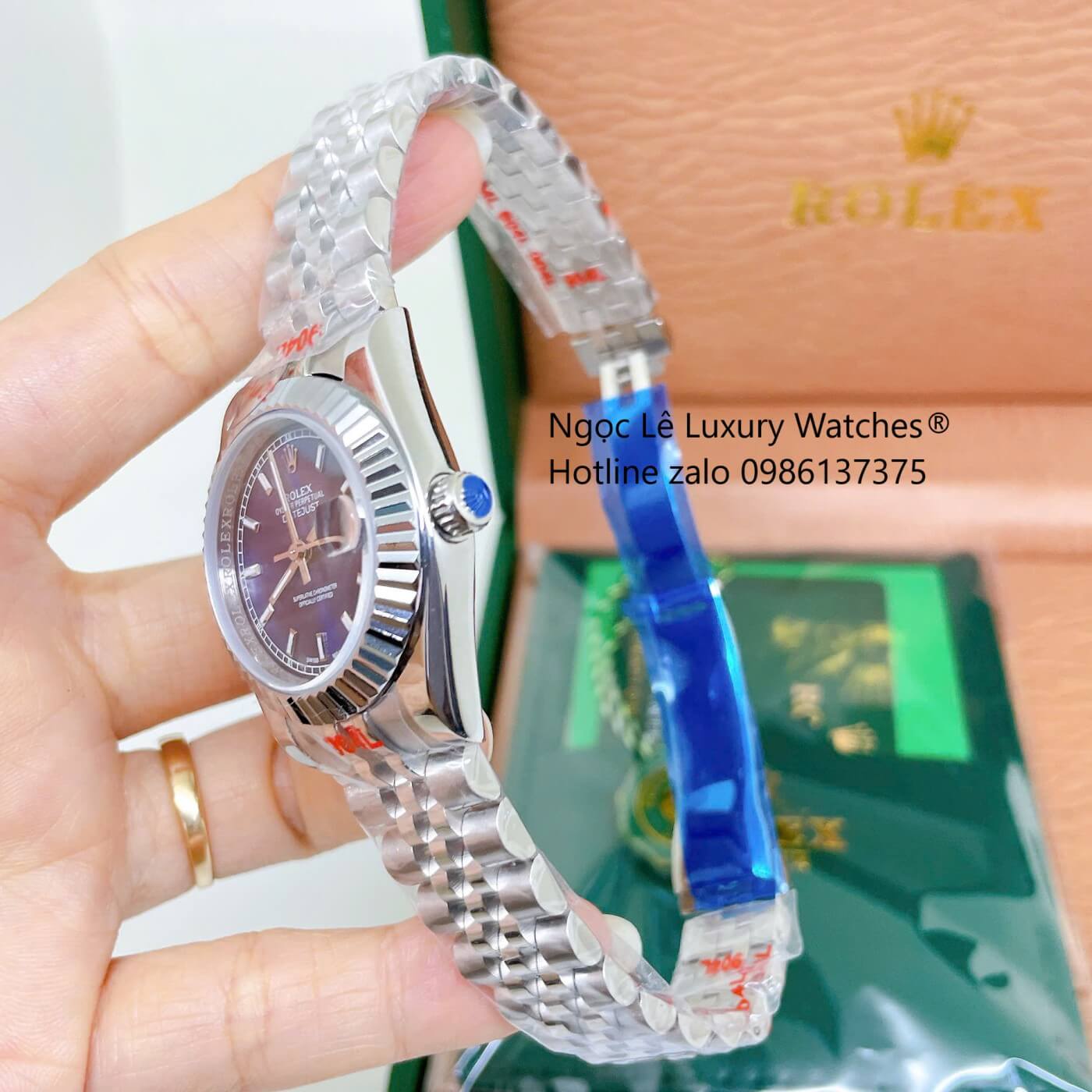 Đồng Hồ Rolex Datejust Nữ Dây Thép Bạc Mặt Xanh Dương Size 31mm Quartz - Niềng Khía Vạch Phản Quang