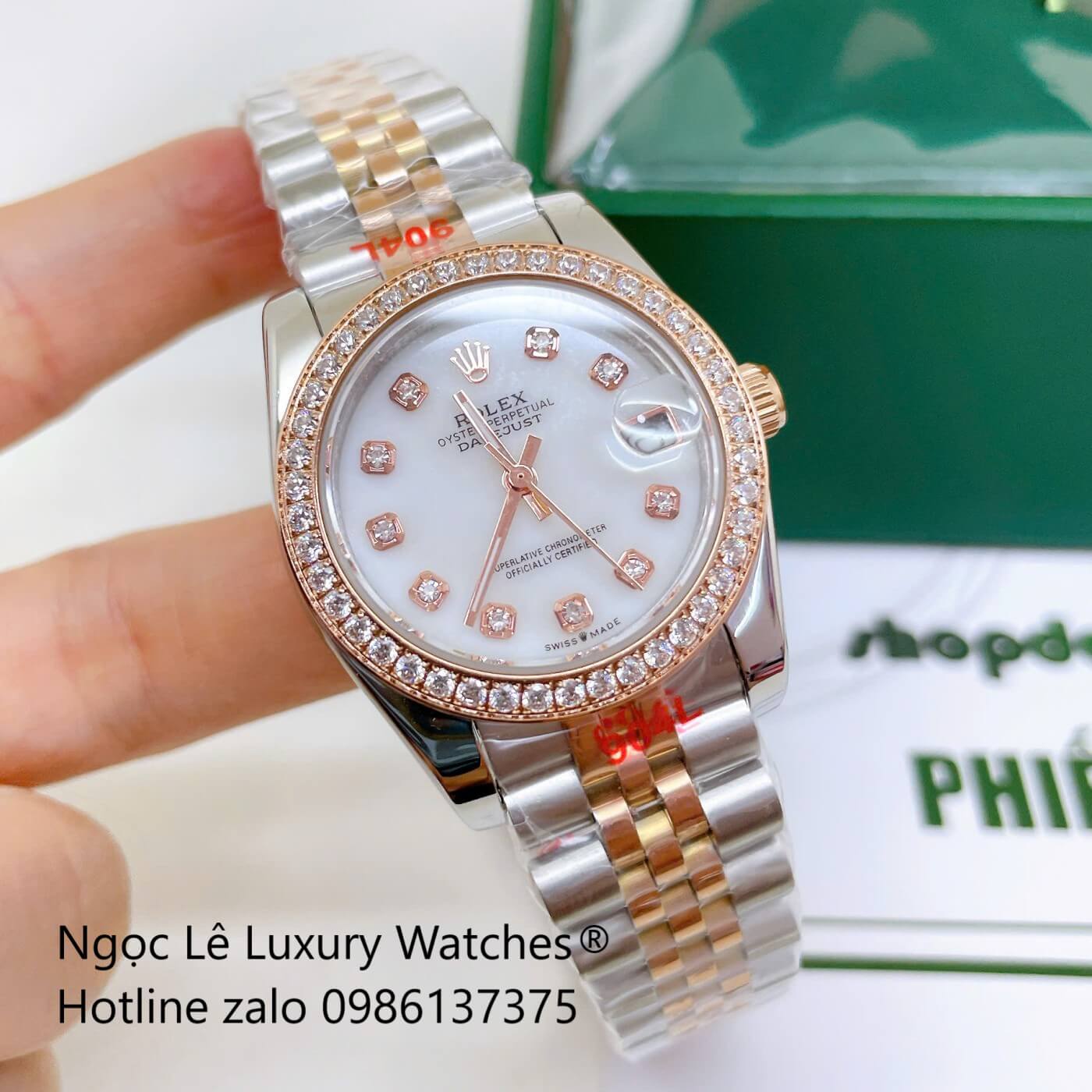 Đồng Hồ Rolex Datejust Nữ Dây Thép Demi Rose Mặt Xà Cừ Trắng Niềng Đính Đá Size 31mm - Quartz