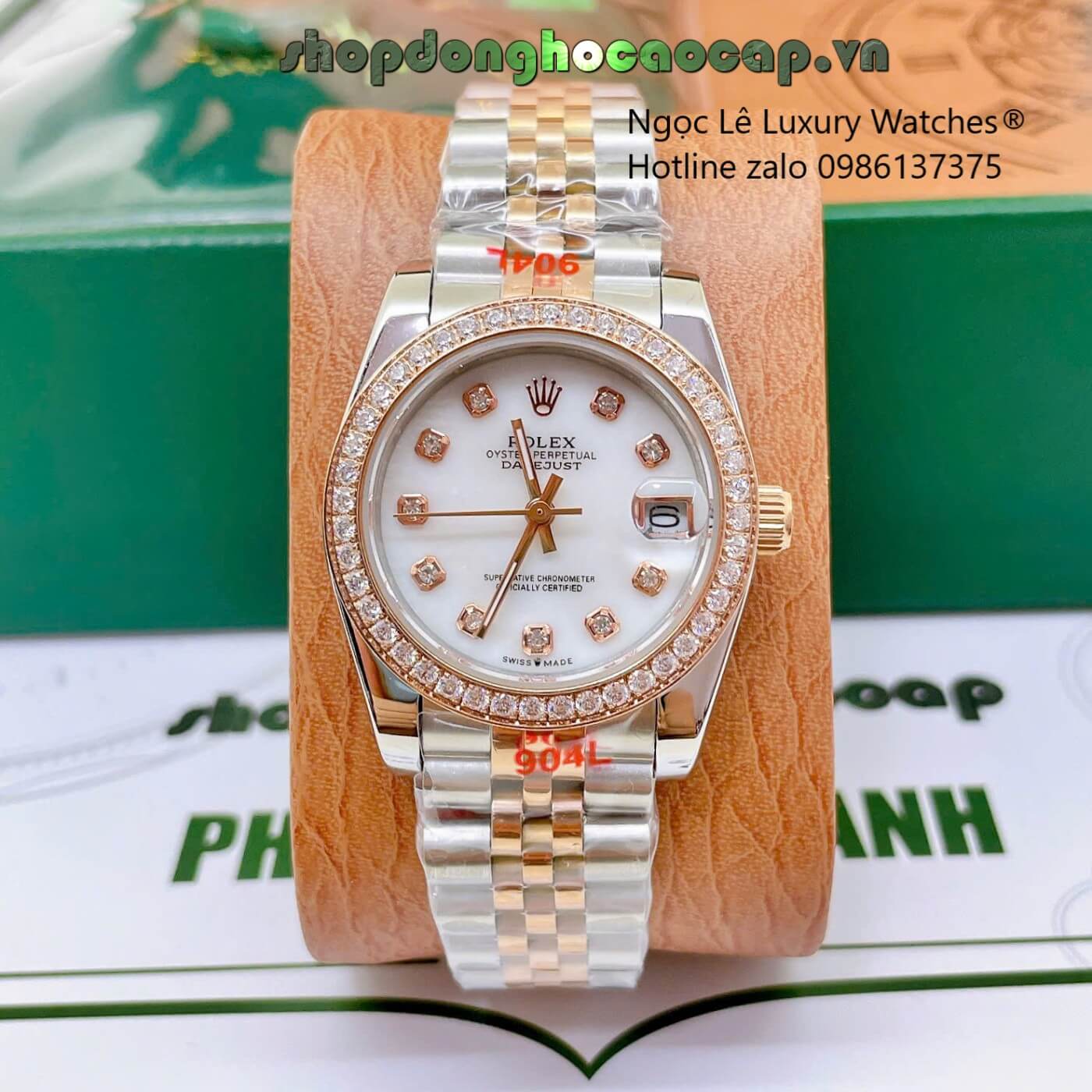 Đồng Hồ Cặp Rolex Datejust Dây Thép Demi Rose Mặt Xà Cừ Trắng Niềng Đính Đá Size 41mm - 31mm - Quartz