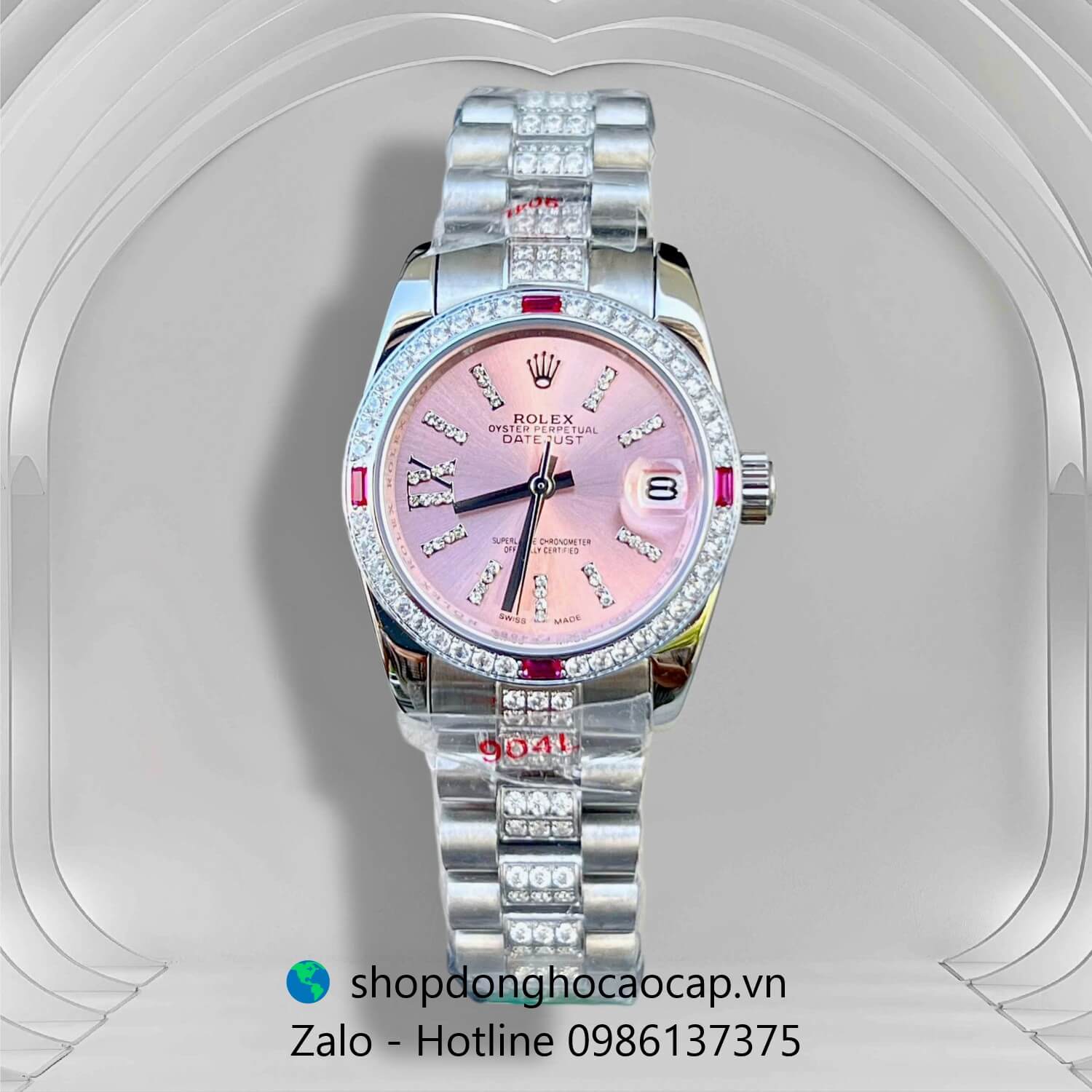 Đồng hồ RoLex Datejust nữ dây thép silver mặt hồng đính đá size 31mm, Rolex Quartz nữ siêu cấp