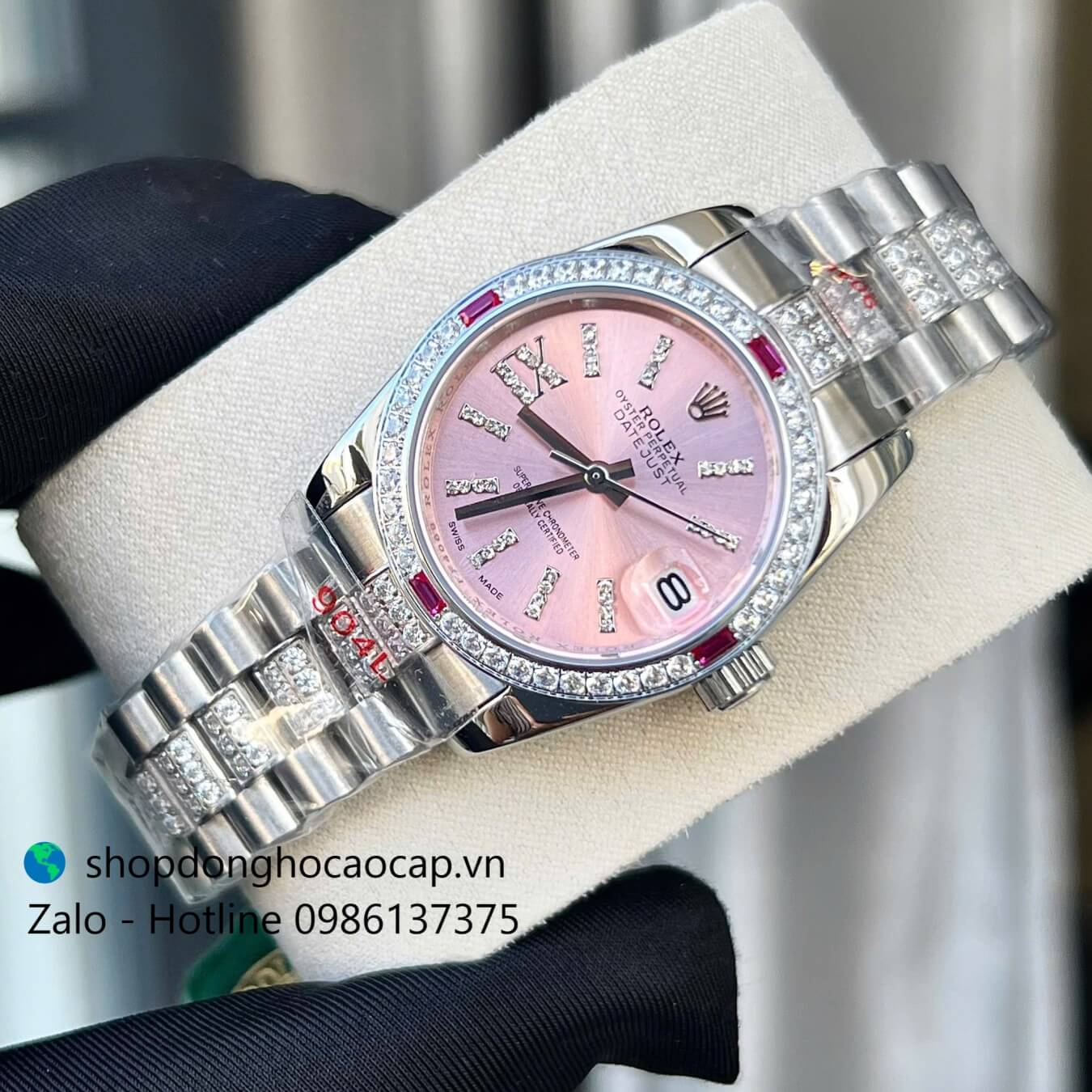 Đồng hồ RoLex Datejust nữ dây thép silver mặt hồng đính đá size 31mm, Rolex Quartz nữ siêu cấp