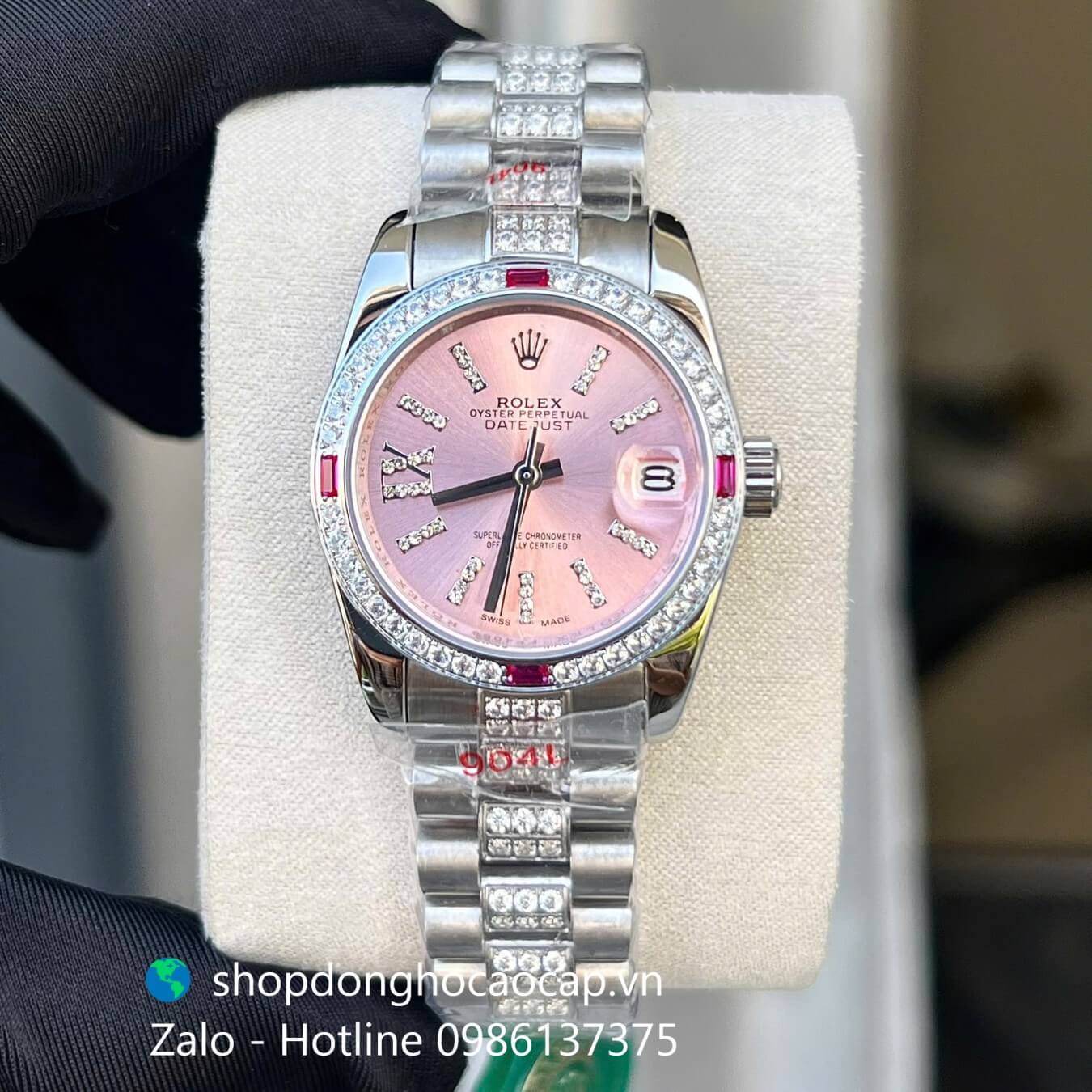 Đồng hồ RoLex Datejust nữ dây thép silver mặt hồng đính đá size 31mm, Rolex Quartz nữ siêu cấp