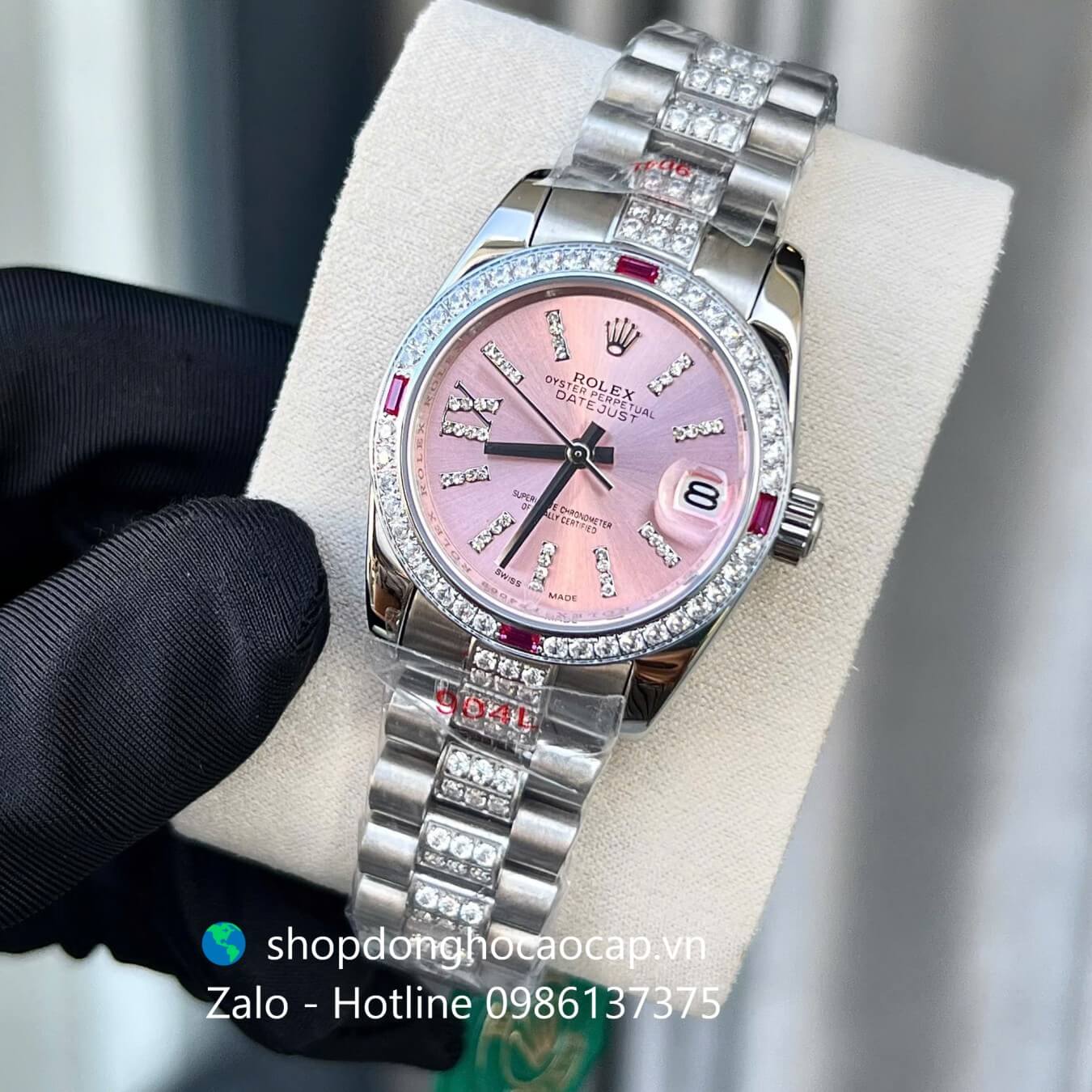 Đồng hồ RoLex Datejust nữ dây thép silver mặt hồng đính đá size 31mm, Rolex Quartz nữ siêu cấp
