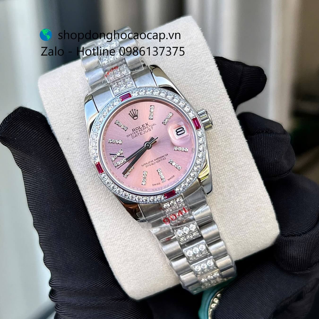Đồng hồ RoLex Datejust nữ dây thép silver mặt hồng đính đá size 31mm, Rolex Quartz nữ siêu cấp