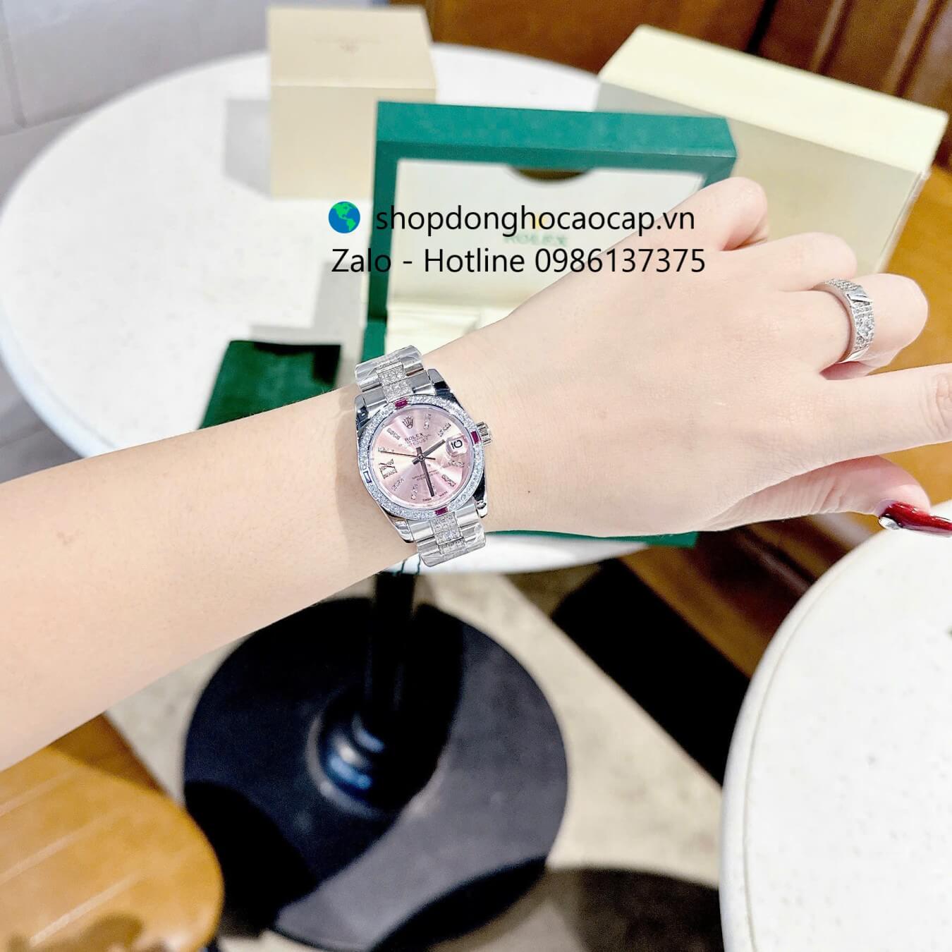Đồng hồ RoLex Datejust nữ dây thép silver mặt hồng đính đá size 31mm, Rolex Quartz nữ siêu cấp