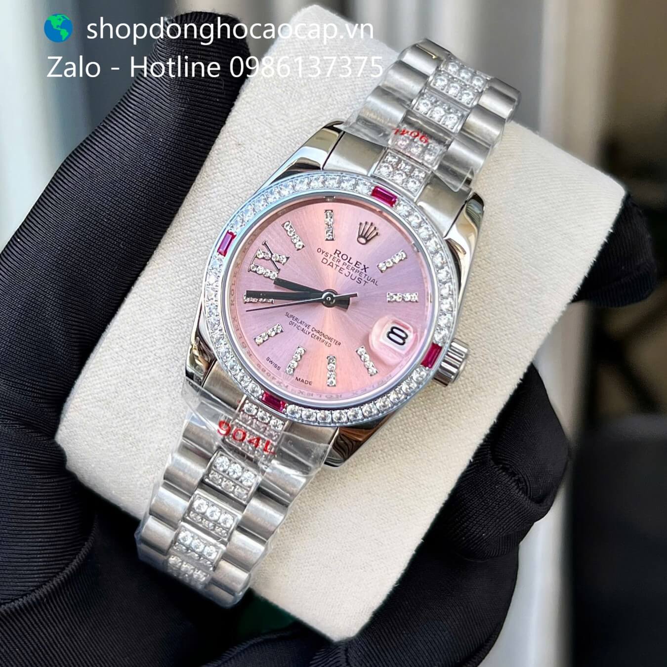 Đồng hồ RoLex Datejust nữ dây thép silver mặt hồng đính đá size 31mm, Rolex Quartz nữ siêu cấp
