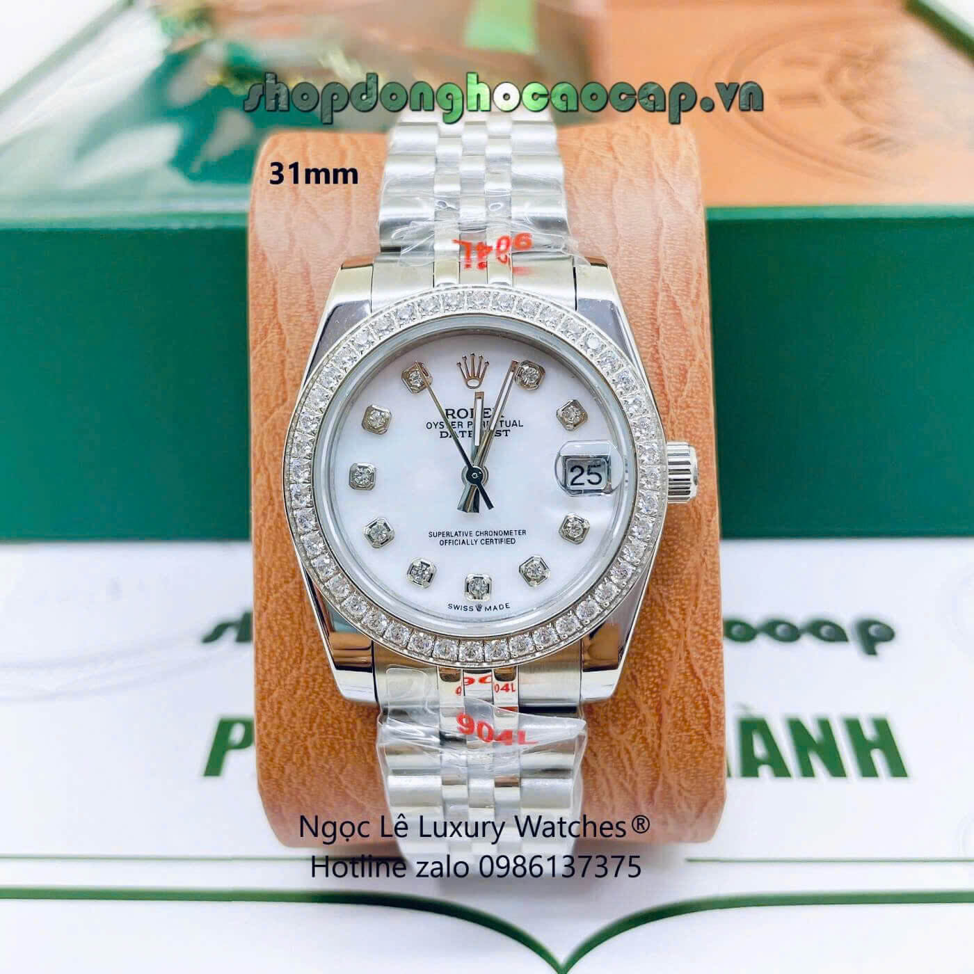 Đồng Hồ Rolex Datejust Nữ Dây Thép Silver Mặt Xà Cừ Trắng Niềng Đính Đá Size 31mm - Quartz
